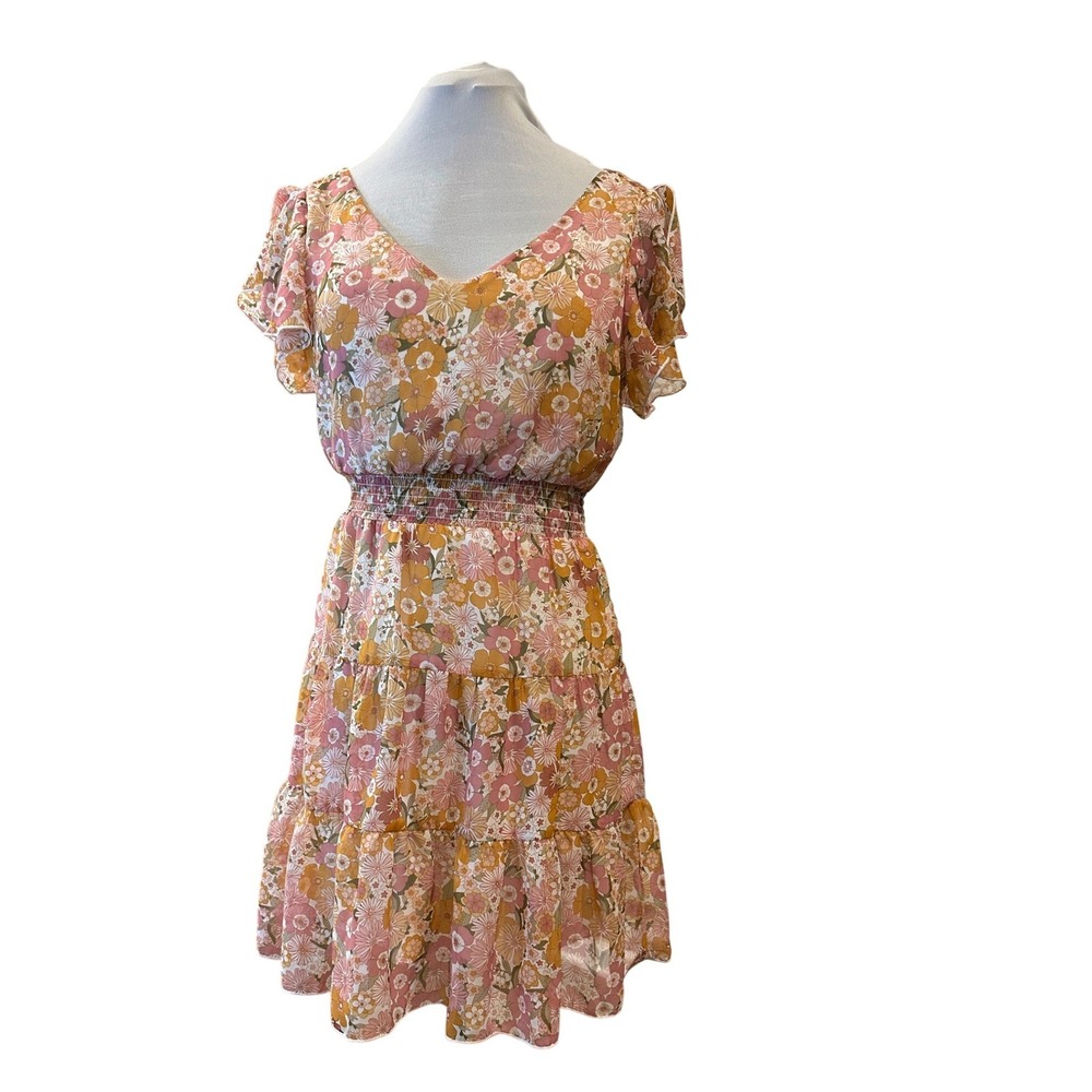 Y2K Fairy Floral Mini Dress Size Small Flutter Sleeve‎ Smocked Waist Tie Back